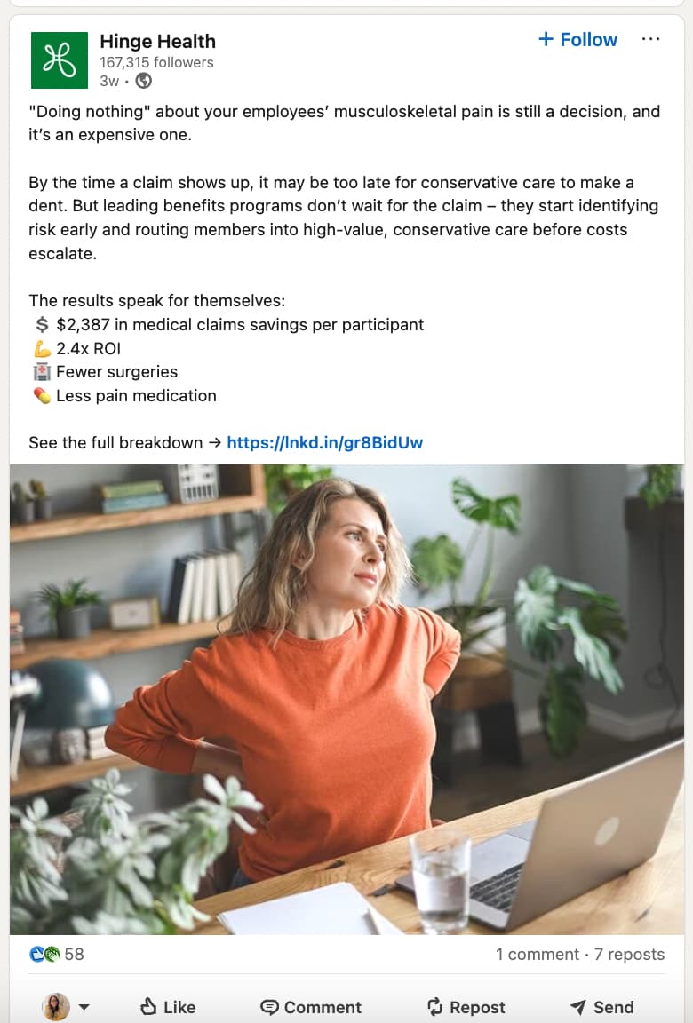 LinkedIn post by Hinge Health showing a woman sitting at a desk and holding her back and a caption that discusses the importance of caring for employees' musculoskeletal health