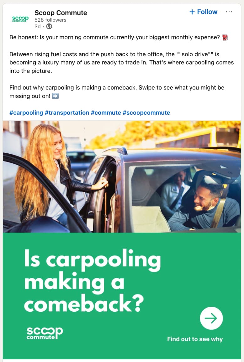 LinkedIn post by Scoop Commute showing a woman smiling as she gets into a car and the image text overlay reads "Is carpooling making a comeback?" with a descriptive caption that includes relevant hashtags