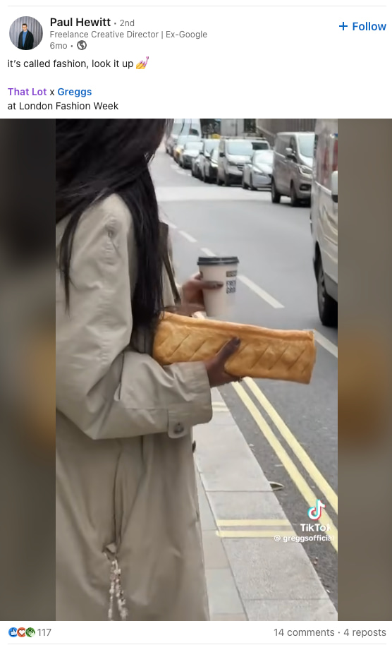 LinkedIn post by That Lot employee, Paul Hewitt, featuring a woman holding a bag that looks like food in one hand and a coffee cup in her other hand