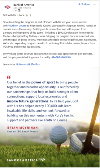 A LinkedIn post from Bank of America that exemplifies community-driven content.