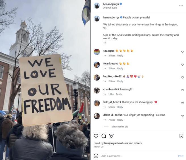 An Instagram post from Ben & Jerry’s advocating for social justice.