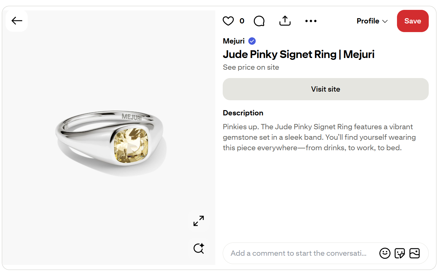 A Pinterest post from Mejuri that exemplifies social commerce.