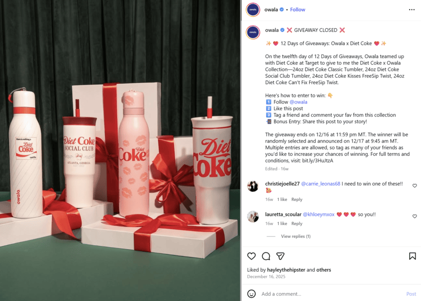 An Instagram post from Owala in partnership with Diet Coke.
