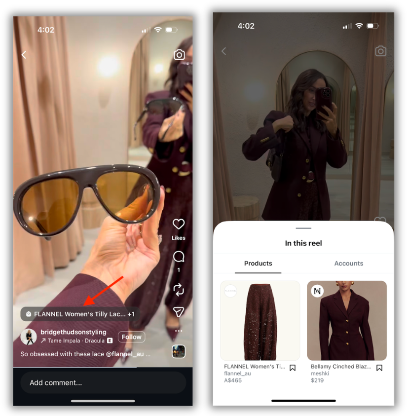 Instagram post by a creator holding up a sunscreen to the camera with an arrow pointing to the product tag link in the video and a second screen that shows the tagged products in the Reel