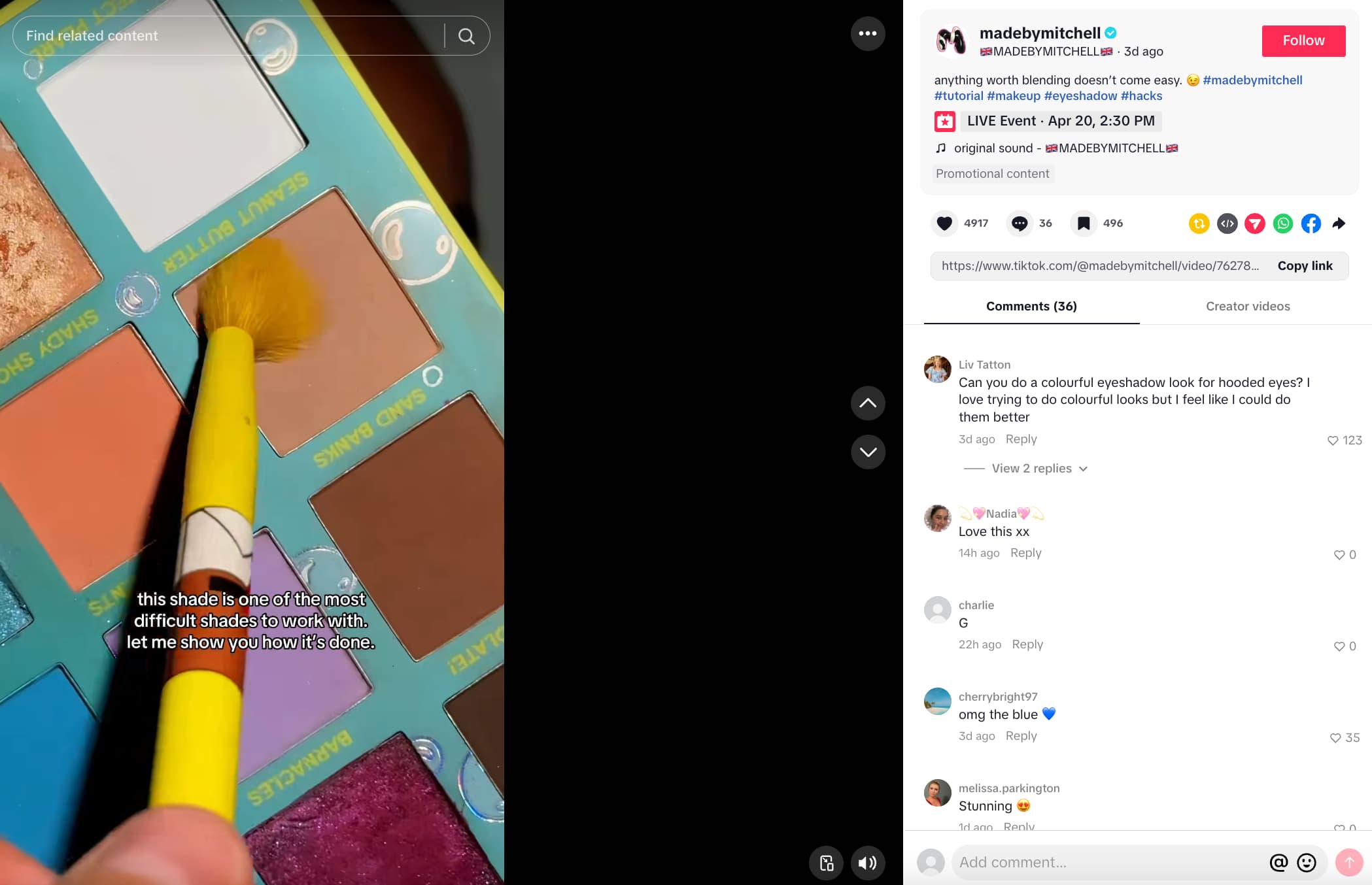 close-up shot of someone applying eyeshadow from a palette onto a makeup brush and a text overlay that reads "this shade is one of the most difficult shades to work with. let me show you how it's done."