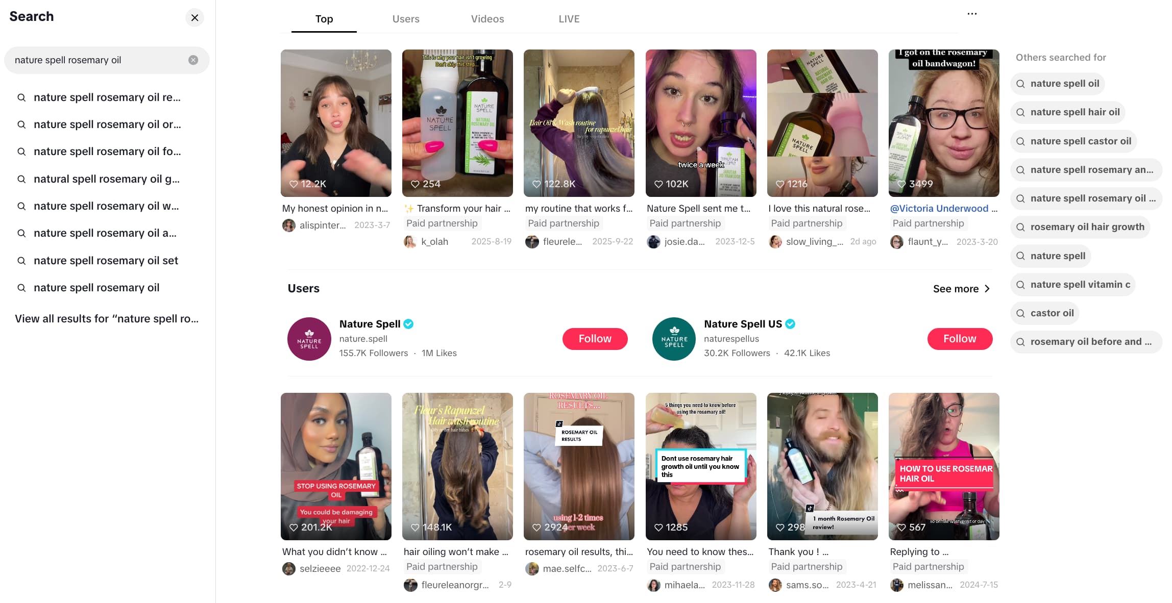 search results page for “Nature Spell rosemary oil" showing a bunch of videos that use the keyword in captions and text overlay