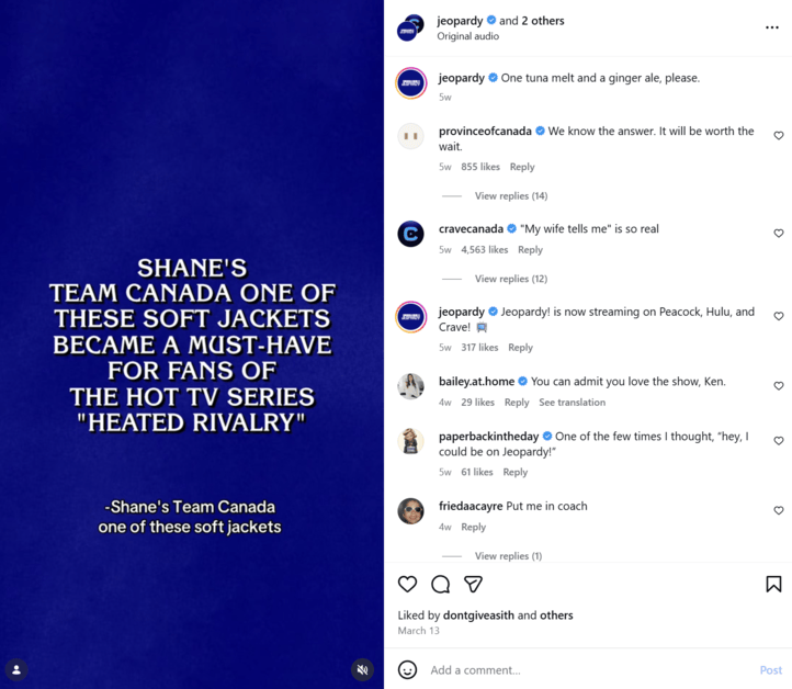 An Instagram post from Jeopardy! referencing the Heated Rivalry fandom.