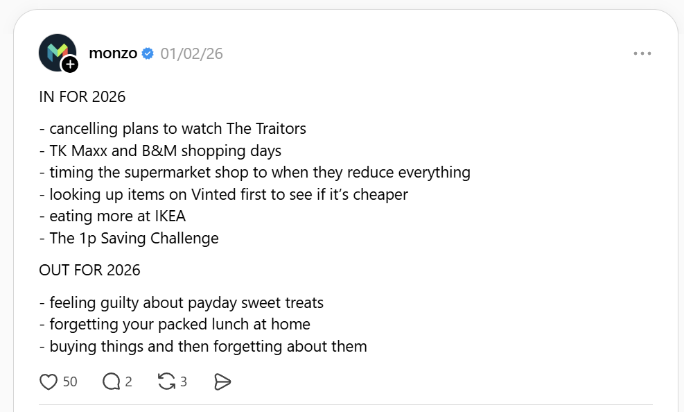 A Threads post from Monzo Bank featuring its ins and outs for 2026.