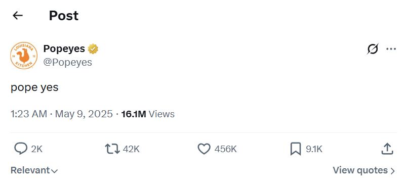 An X post from Popeyes following the selection of the new pope.