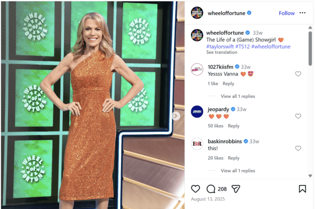 An Instagram post from Wheel of Fortune in the theme of Taylor Swift’s album, The Life of a Showgirl.