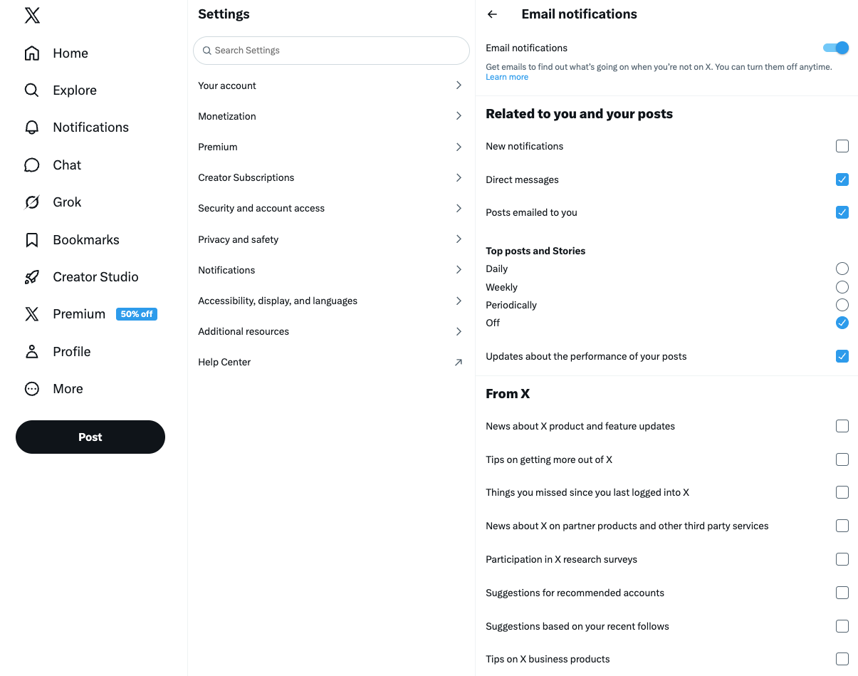 Twitter X notification settings for mentions and replies.