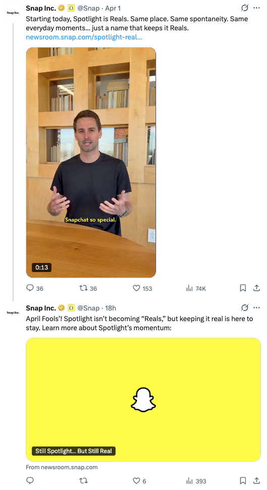 Snapchat Inc started its own post thread on X for April Fools Day.
