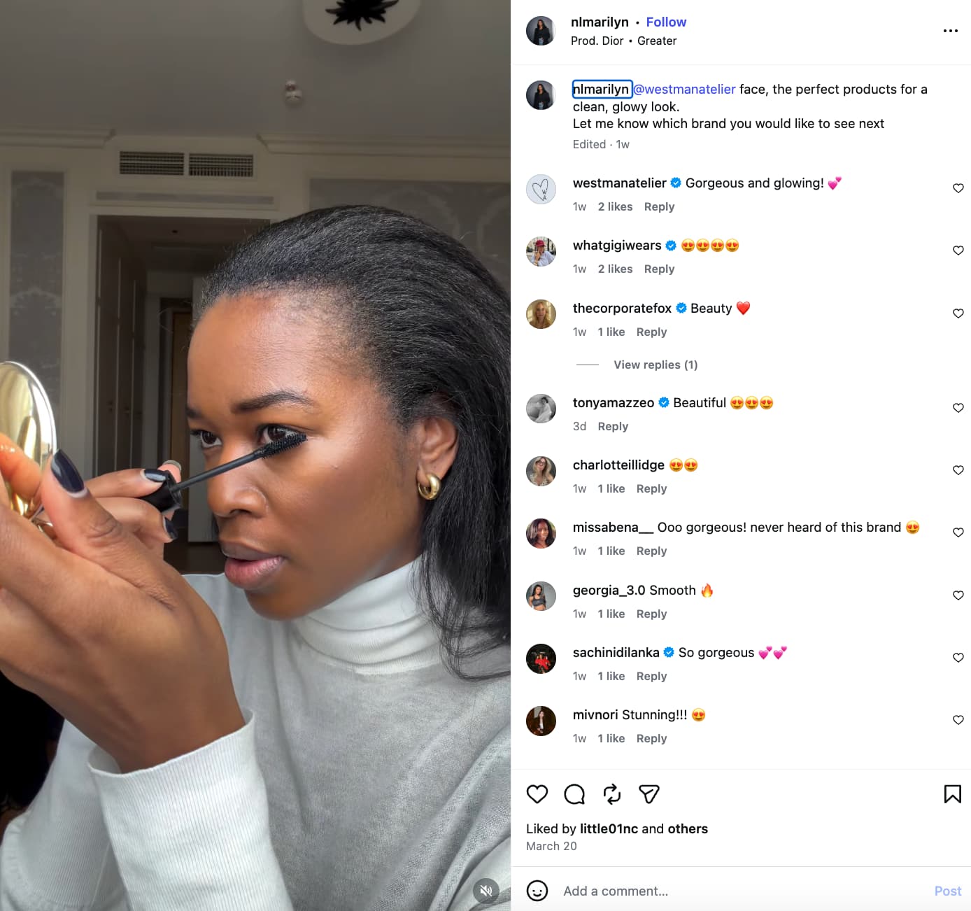 Instagram post by user @nlmarilyn showing the influencer applying mascara while holding a compact mirror and a caption that mentions the brand name Westman Atelier