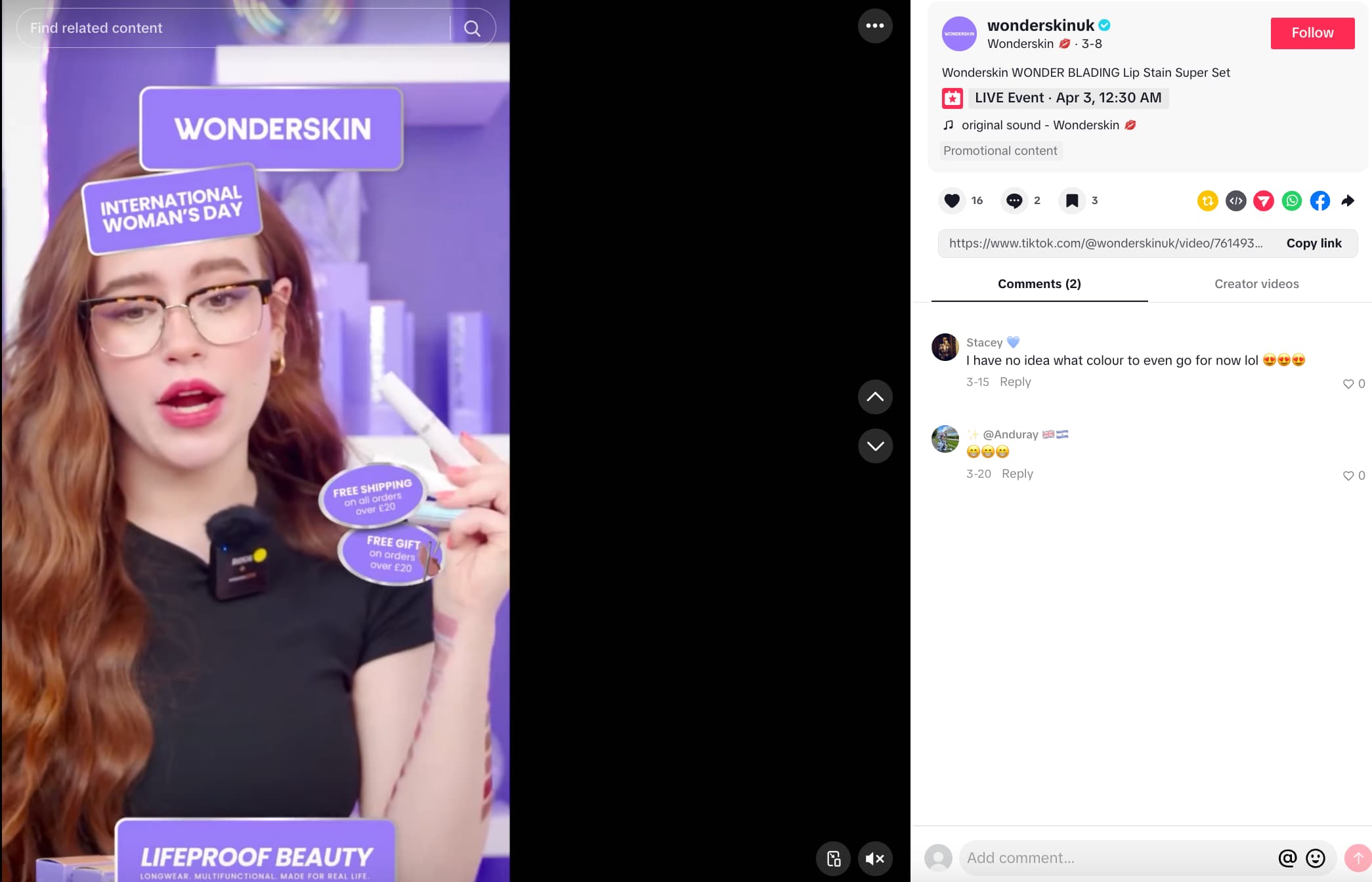 TikTok post by Wonderskin showing a woman holding a set of lip stains and some text overlays showing offers like free gifts and free shipping for International Women's Day