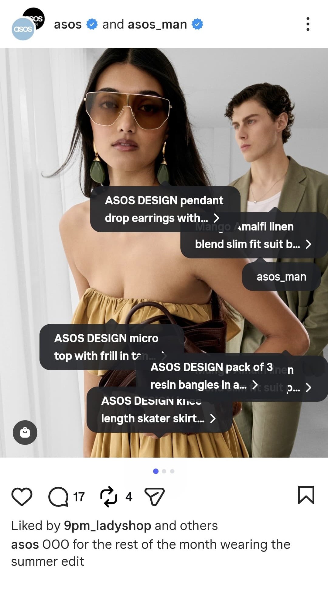 Screenshot of an ASOS Instagram post showing two models wearing the summer edit, featuring multiple in-app shoppable product tags like ASOS DESIGN pendant drop earrings