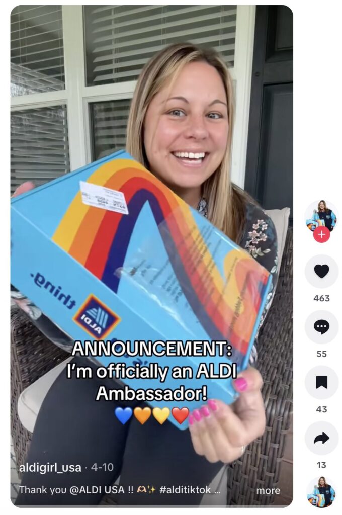 An announcement video from @AldiGirlUSA about joining the Aldi Ambassador program and unboxing her first official PR package