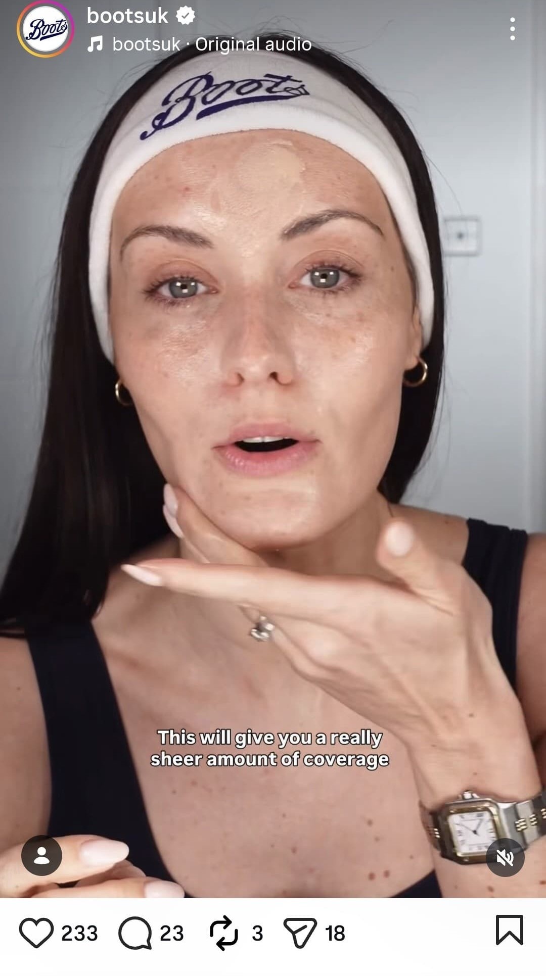 Screenshot of a Boots UK influencer Instagram post showing a creator applying foundation with the caption 'This will give you a really sheer amount of coverage