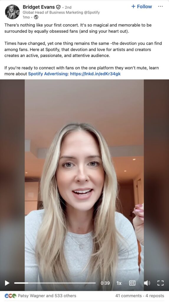 A LinkedIn video from Spotify's Global Head of Business Marketing describing how Spotify's Ad program helps businesses connect with consumers during crucial emotional moments in their day