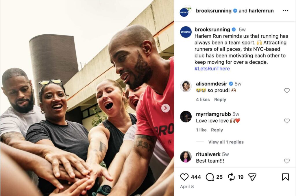 An Instagram post from Brooks and Harlem Run, a local run club of Brooks enthusiasts.