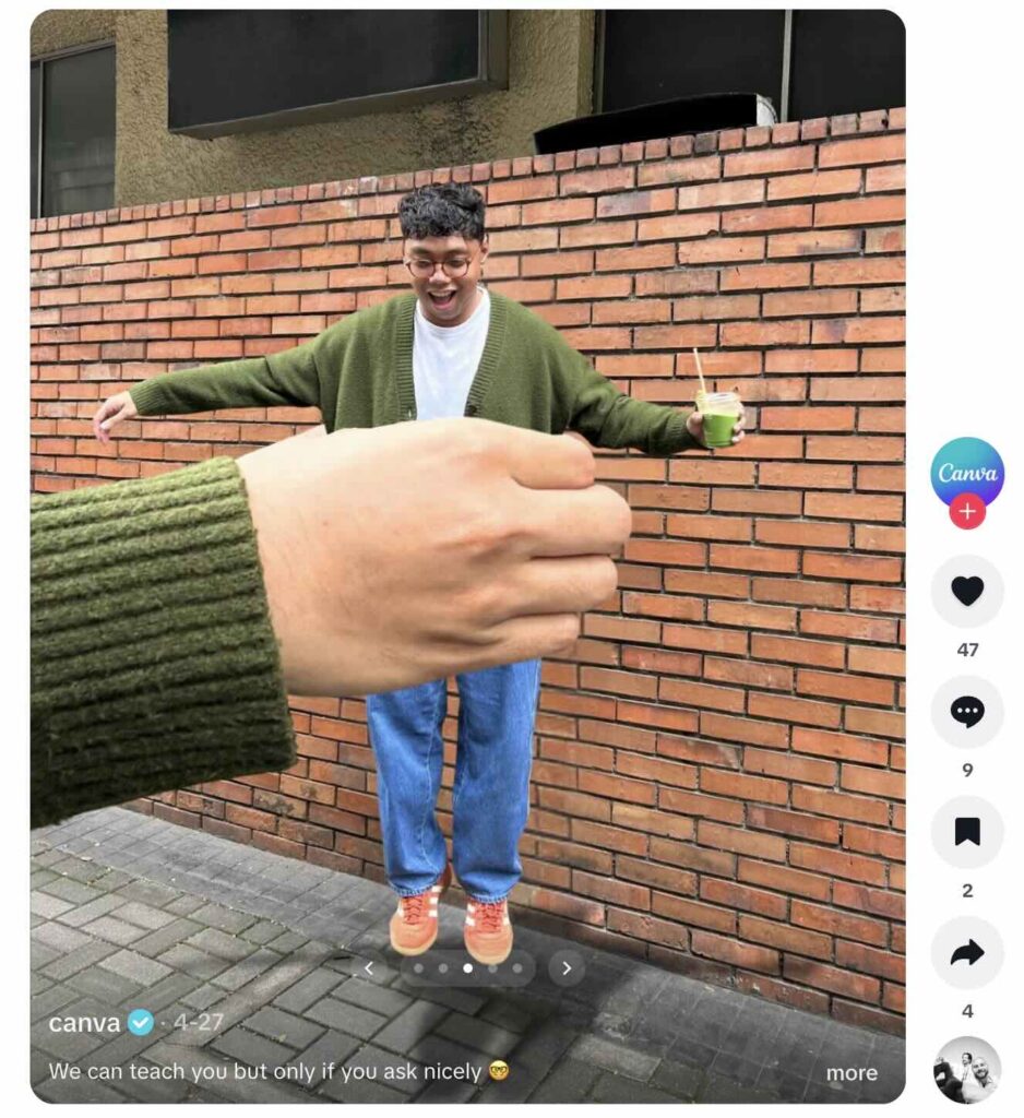 A TikTok carousel from Canva showcasing how to use their Background Eraser Tool, a highly-requested tool, to create engaging effects and optical illusions