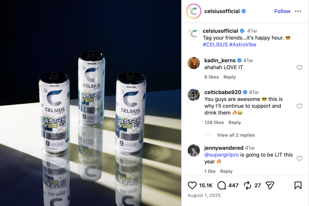 Instagram post from Celcius showcasing their products with the caption "Tag your friends...it's happy hour."