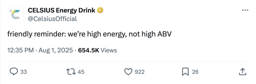 An X post from Celsuis that says "We're high energy, not ABV"