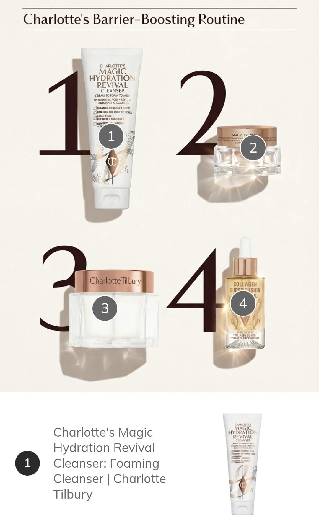 Screenshot of a Charlotte Tilbury social commerce post showing a numbered 4-step barrier-boosting routine with shoppable product links