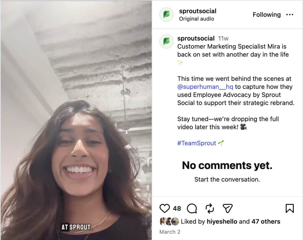 A video posted to Sprout's Instagram channel showing the behind-the-scenes of a day in the life filming a customer case study