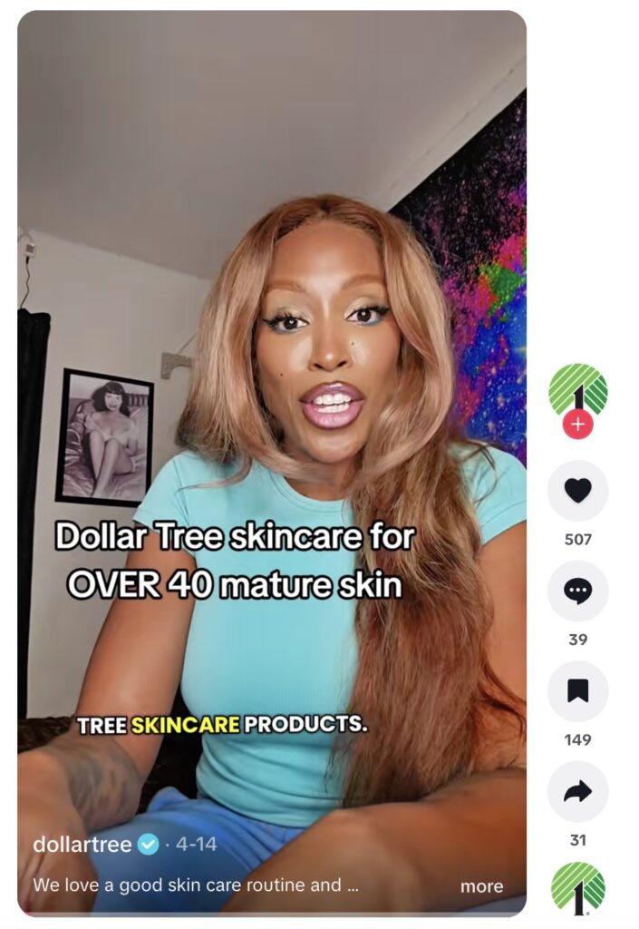 A TikTok video posted on the official Dollar Tree account from @TinaKingHairStylist about their best skincare products for over 40 mature skin