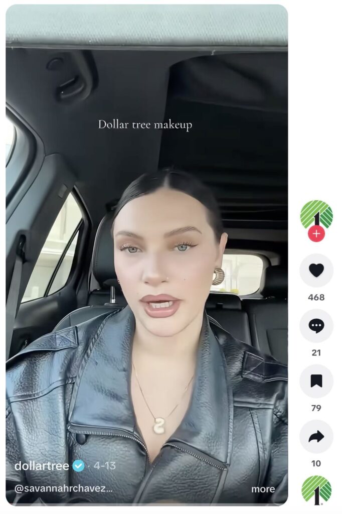A TikTok video from Savannah Chavez posted on the Dollar General account demonstrating her makeup routine using the brand's products