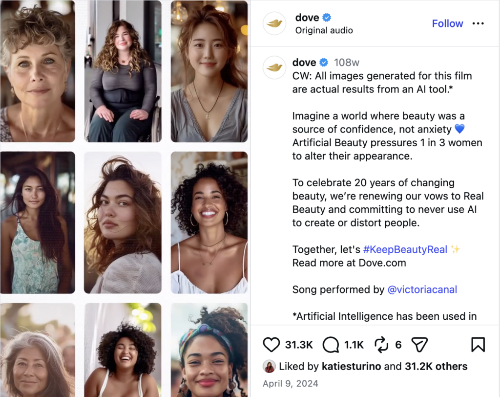 An Instagram Reel from Dove highlighting their Real Beauty campaign, updated to reflect their position on AI