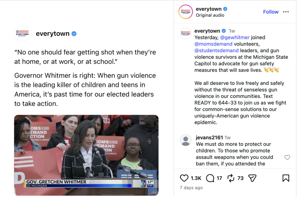 A video repost on Instagram from Everytown on Gun Safety of Gov. Gretchen Whitmer advocating for firearm legislation.