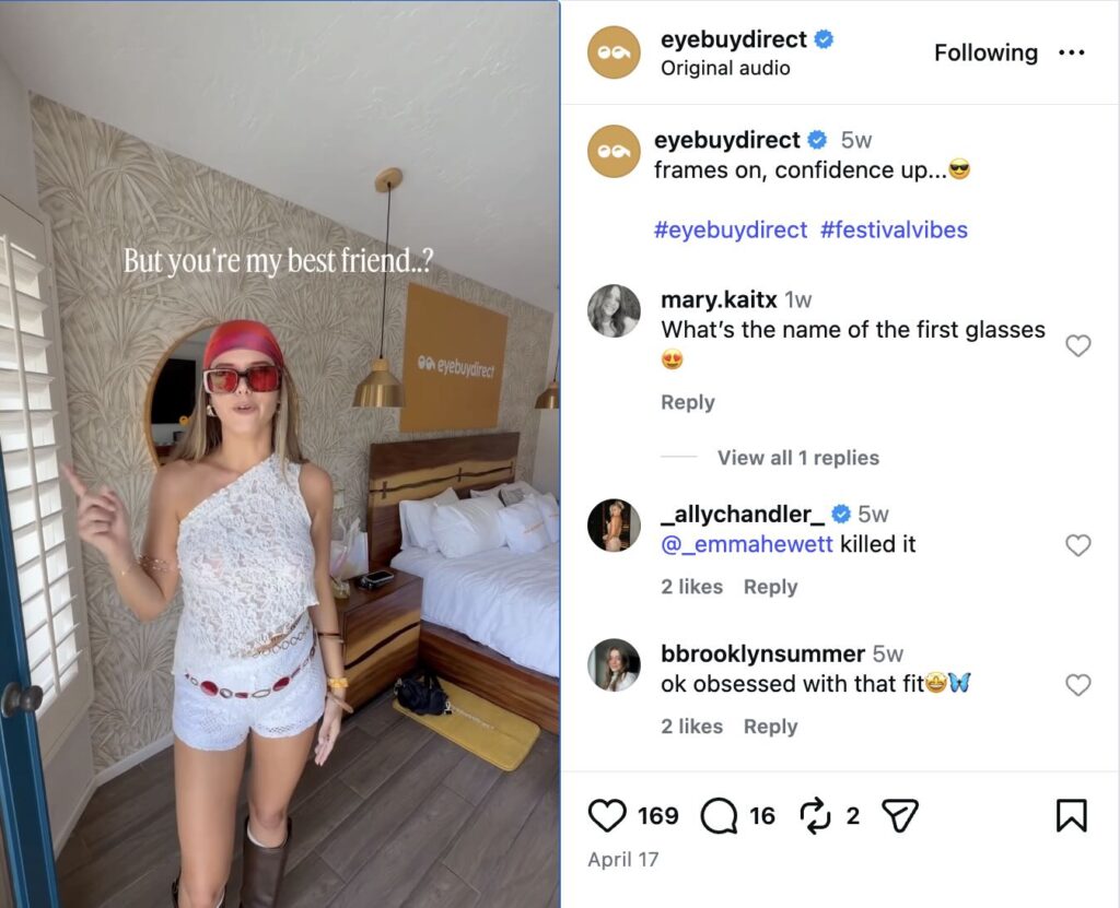 An Instagram Reel from EyeBuyDirect featuring two creators who attended their in-person Coachella activations