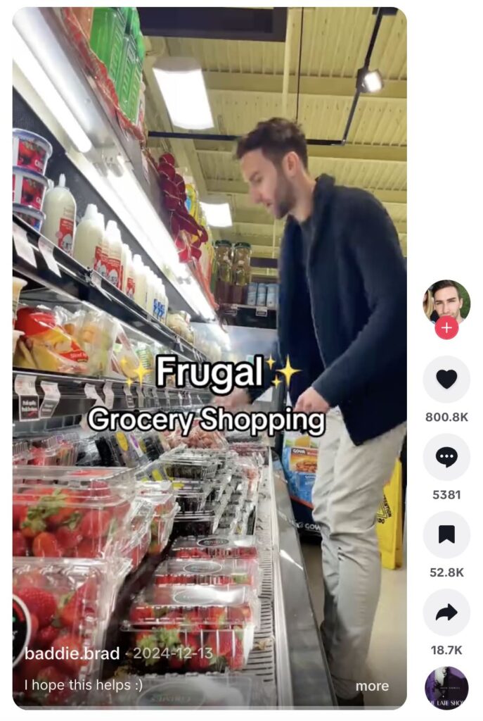 A TikTok video from @Baddie.Brad about his rules for frugal grocery shopping. The post has over 800,000 likes.