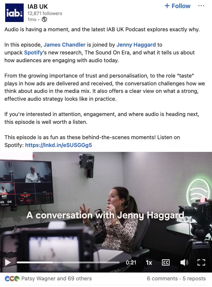An interview on the IAB UK podcast featuring Jenny Haggard, Global Brand Strategy Lead, Thought Leadership at Spotify