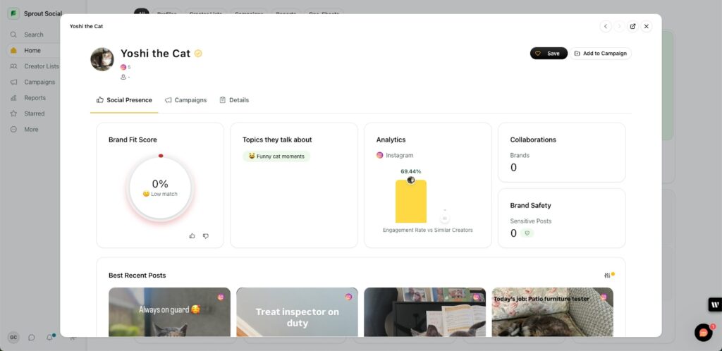 The Sprout Influencer Marketing Profile interface, which displays brand fit score, topics and engagement rate