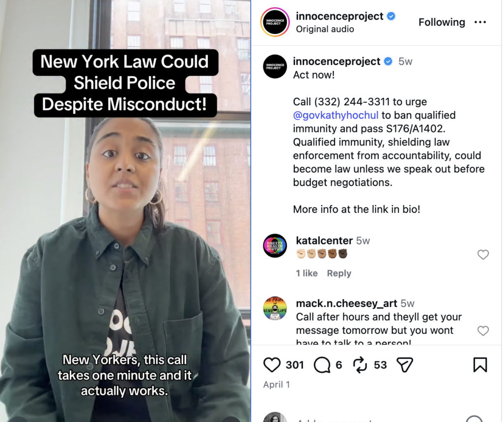 An Instagram Reel from the Innocence Project where they urge their followers to call their lawmakers in New York to prevent legislation from being passed