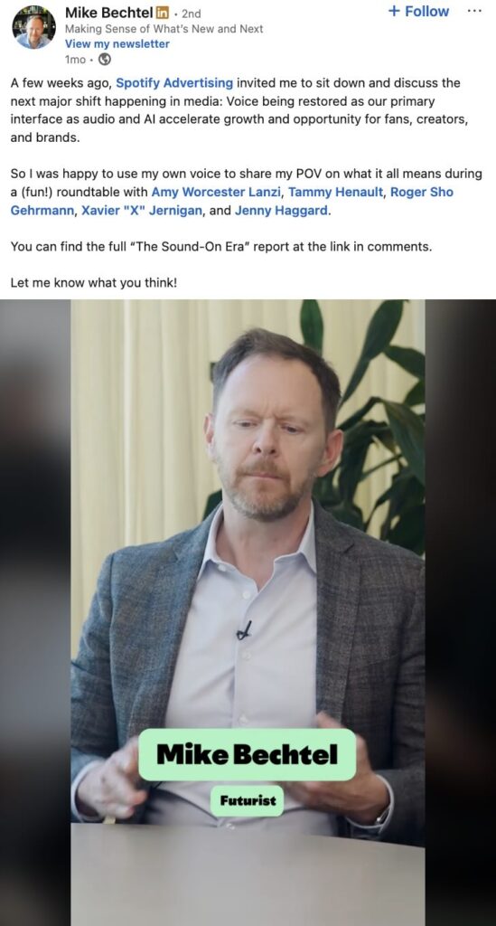 A LinkedIn video from creator Mike Bechtel speaking at a round table with other industry leaders about insights from Spotify's Sound On Report