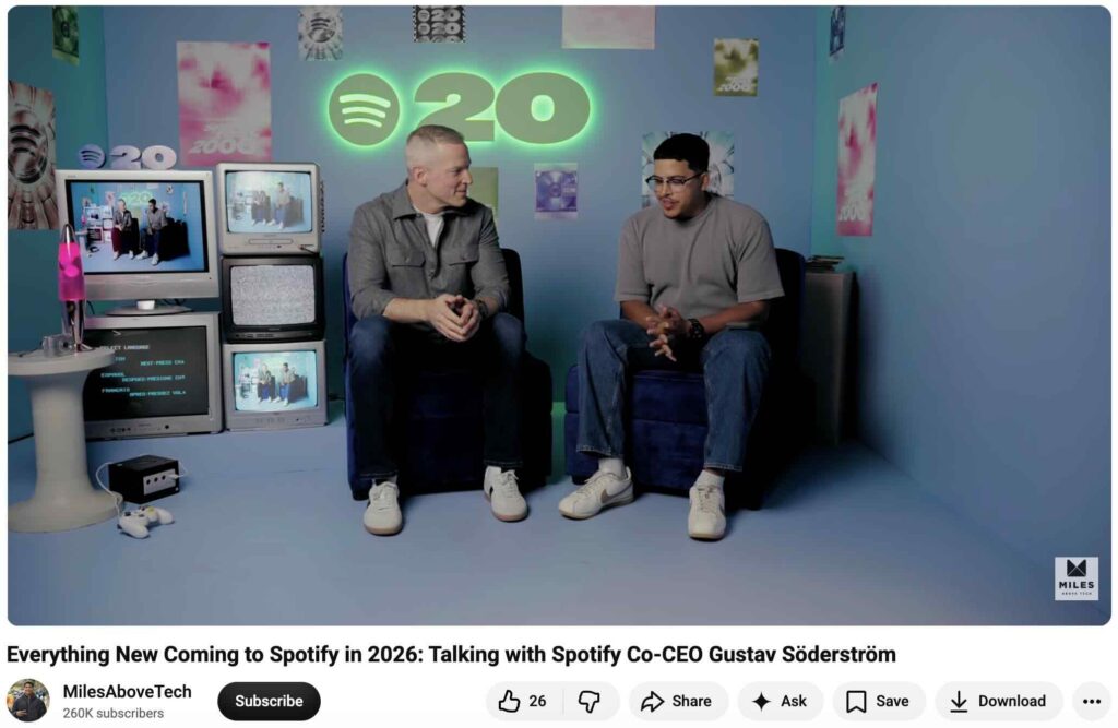A Youtube interview between Spotify co-CEO Gustav Söderström and creator MilesAboveTech about Spotify's new product innovations and Söderström's history with the company.