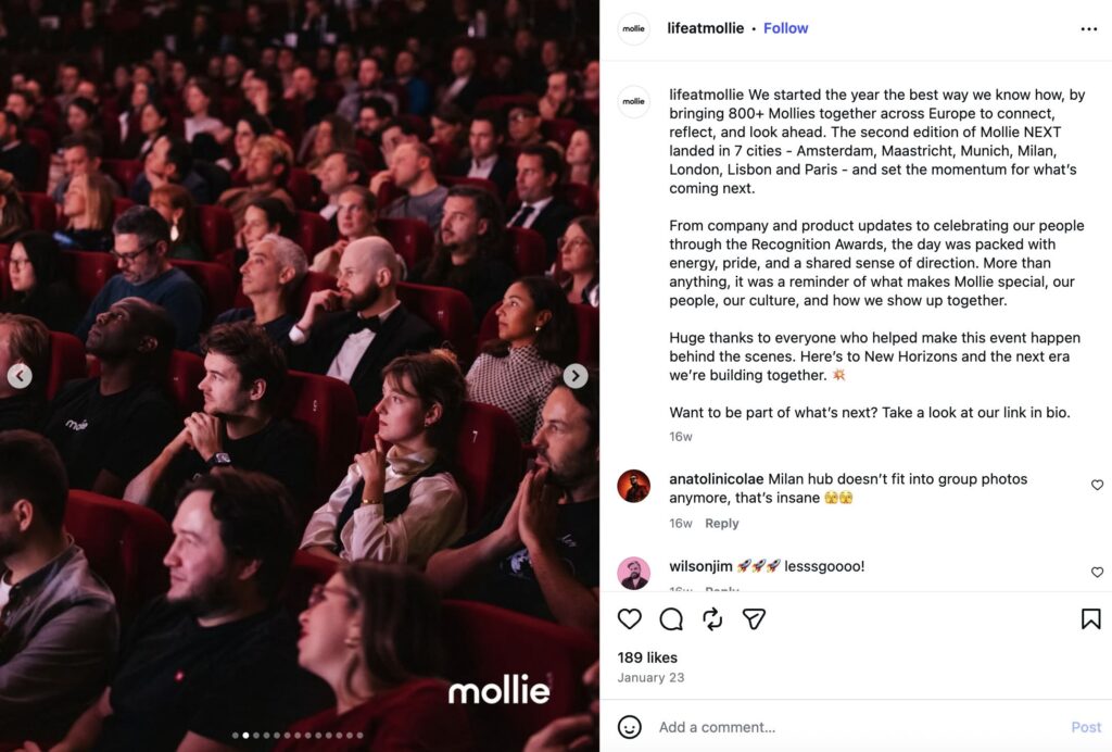 An example from fintech company Mollie's "life at Mollie" account, showing employees coming together for a conference.