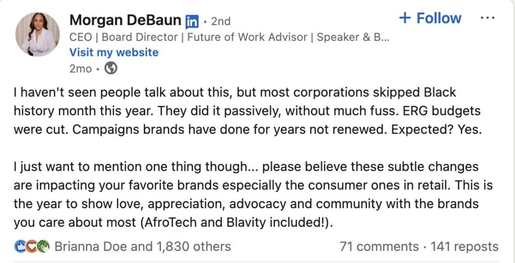 A LinkedIn post from Morgan DeBaun about how corporations stopped posting about Black History Month this year.