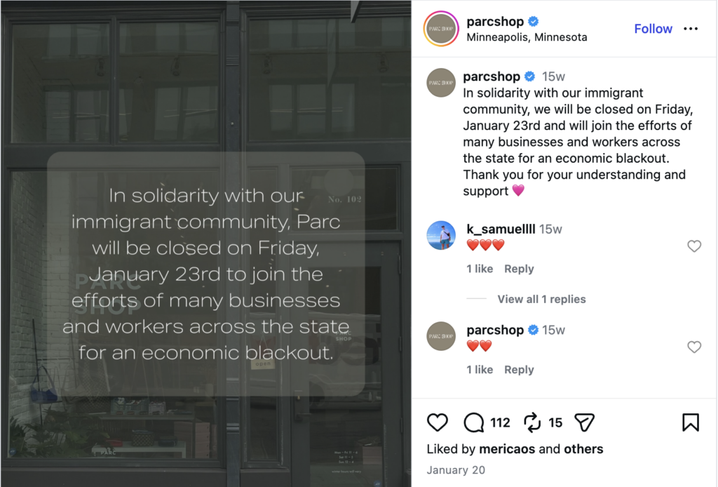 An Instagram post from Parc Shop about an upcoming store closing in solidarity with the Minneapolis immigrant community