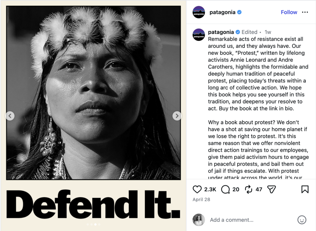 An Instagram post from Patagonia about their book, Protest, that follows environmental activists from different cultural backgrounds with a long history of peaceful protest