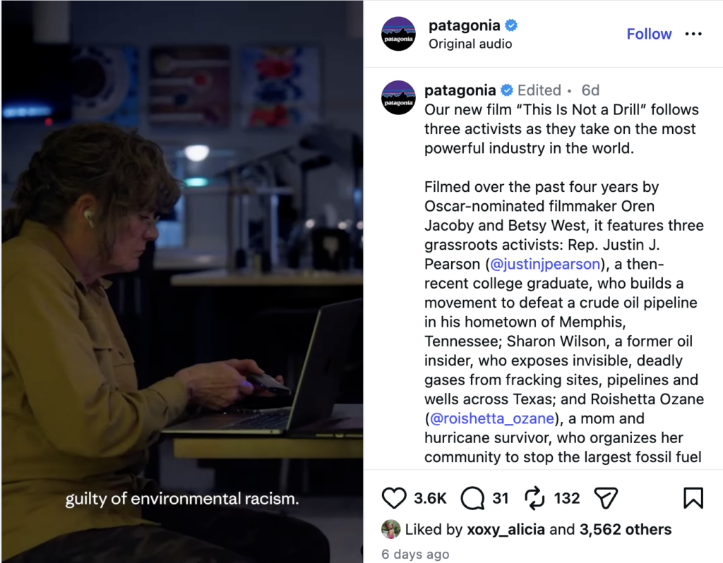 An Instagram Reel from Patagonia highlighting key moments from their documentary film, This is not a drill, which follows environmental activists fighting for racial and environmental justice.