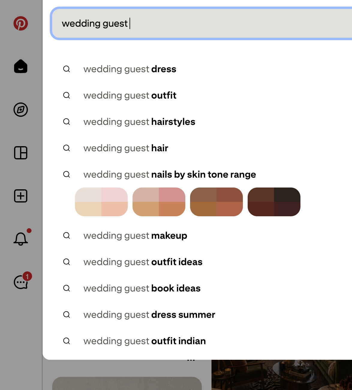 Screenshot of a user searching in the Pinterest search bar for wedding guest related ideas with auto-suggest keywords appearing