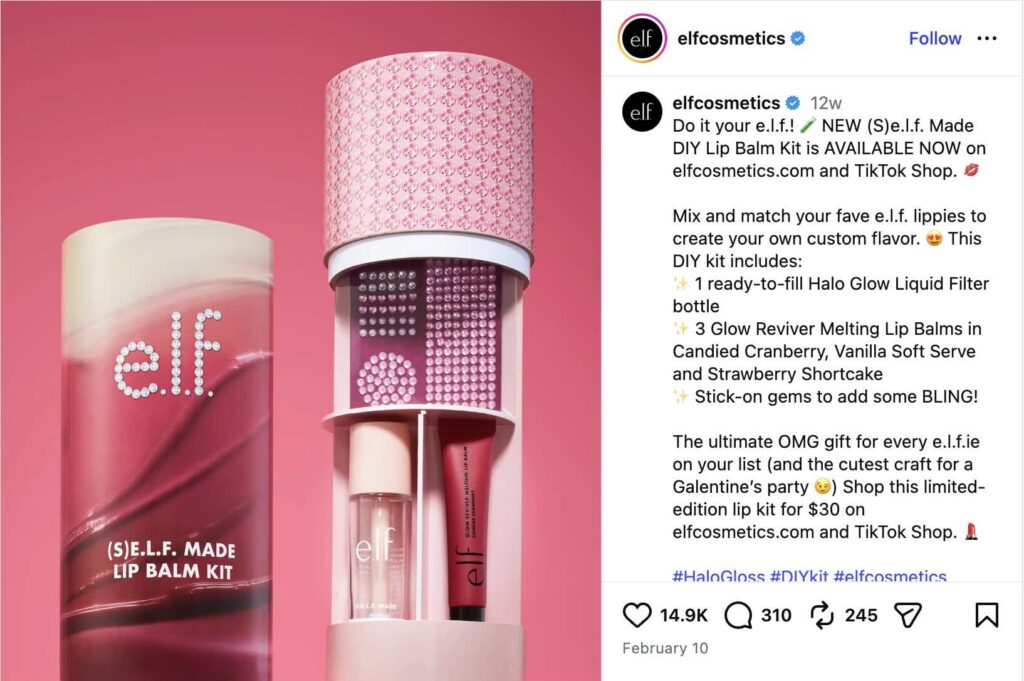 An Instagram post from e.l.f. cosmetics for their DIY lipgloss kit, inspired by the social media insight that people used empty bottles to make their own jumbo glosses