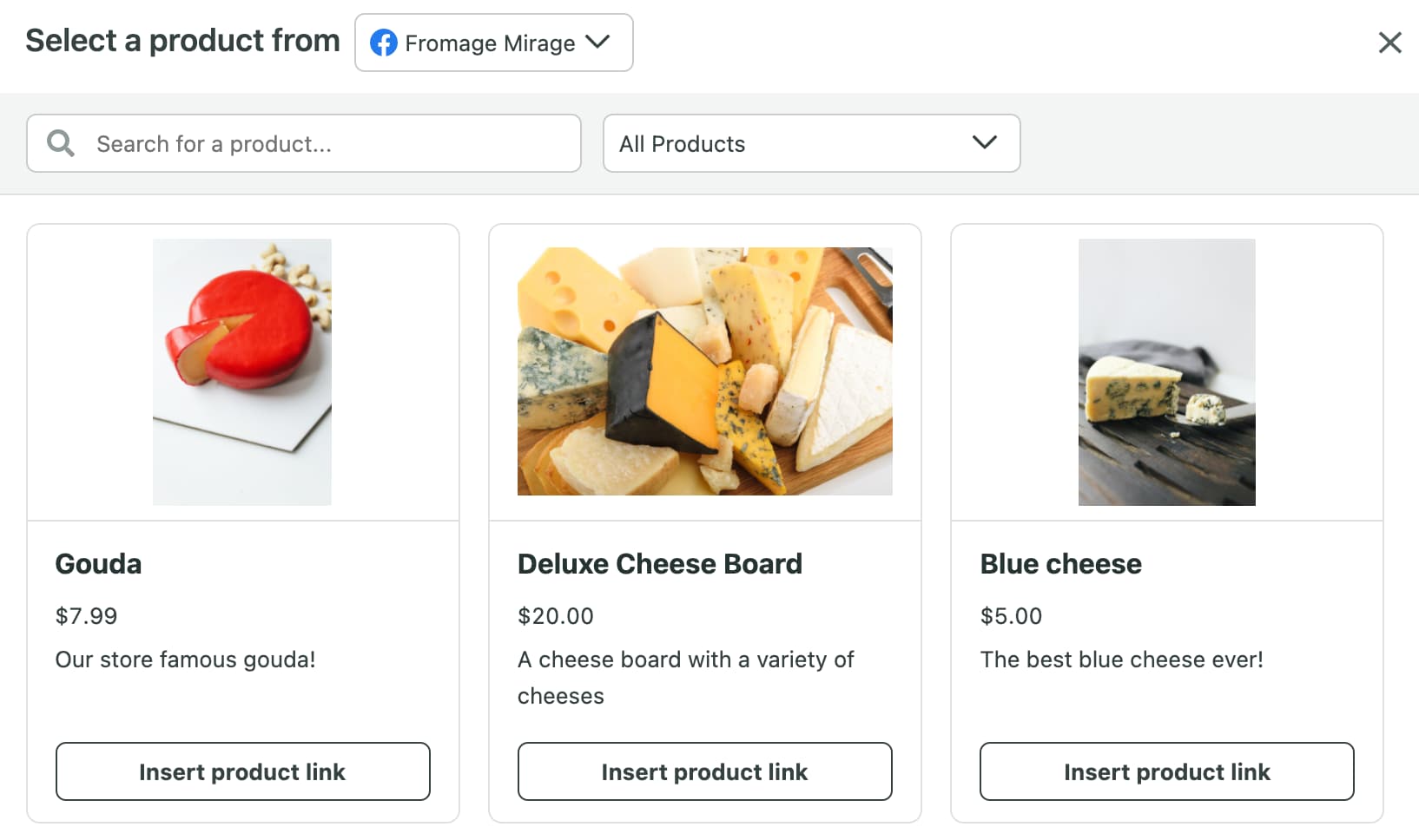 Sprout Social dashboard interface showing the ability to search for and select products like Gouda or Deluxe Cheese Board from a connected Shopify store to insert into direct messages