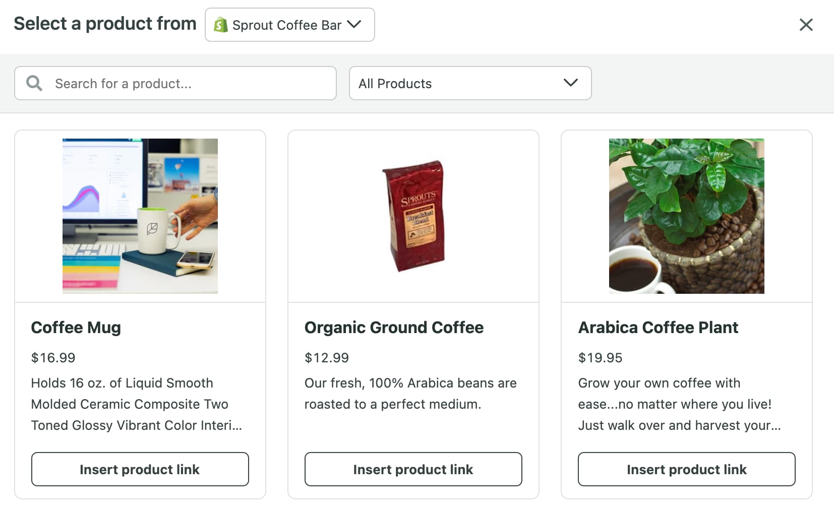 Sprout Social dashboard interface displaying the option to select products from a Shopify store, such as a Coffee Mug or Organic Ground Coffee, to insert product links into scheduled social media posts