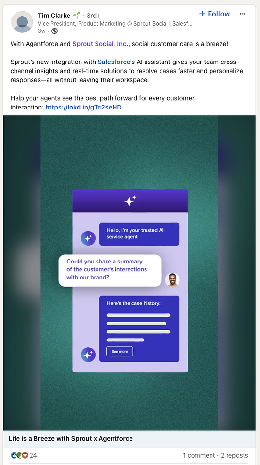 A LinkedIn post from Tim Clarke about Sprout's integration with Salesforce's Agentforce.