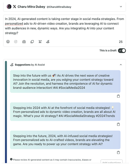 A preview of Suggestions by AI Assist in Sprout.